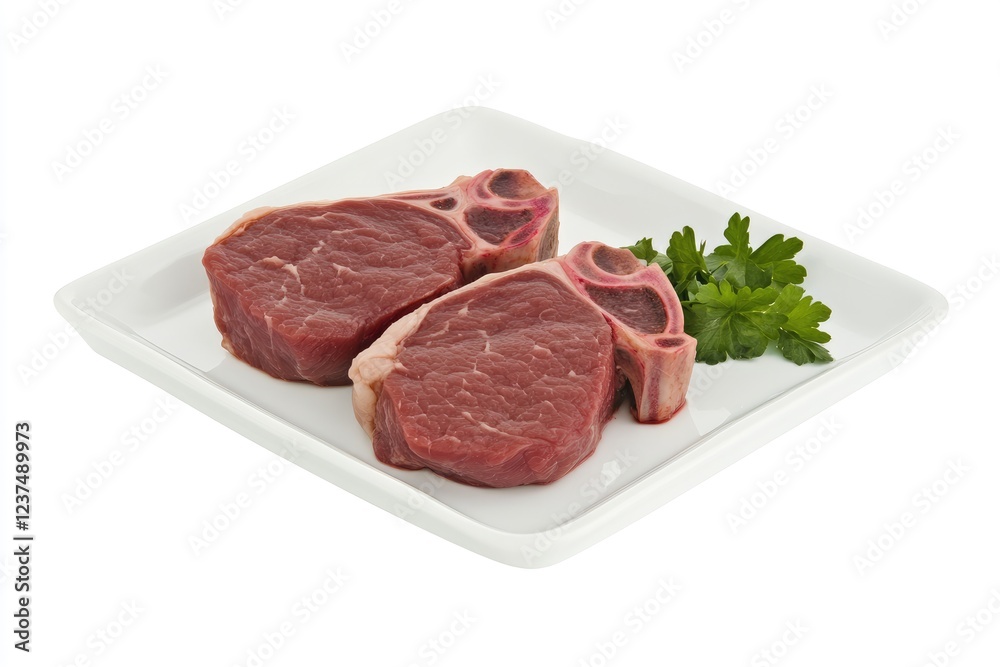 Two raw beef steaks on a white plate with parsley Two raw beef steaks on a white plate with parsley