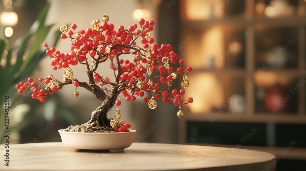 small but impactful centerpiece with a bonsai tree decorated with red and gold charms for your shop small but impactful centerpiece with a bonsai tree decorated with red and gold charms for your shop