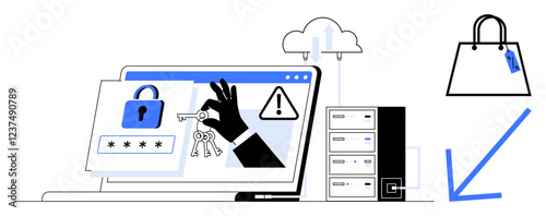 Cybersecurity hack with laptop screen showing lock and password icons, server, cloud, hand with keys, exclamation point, shopping bag. Ideal for online security, data protection, hacking encryption