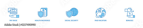 Employee benefits icon set flow process which consists of pay raise, health insurance, social security, paid vacation and bonuses icon live stroke and easy to edit .