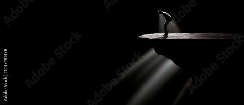 Lone figure on cliff edge, light beams down.
