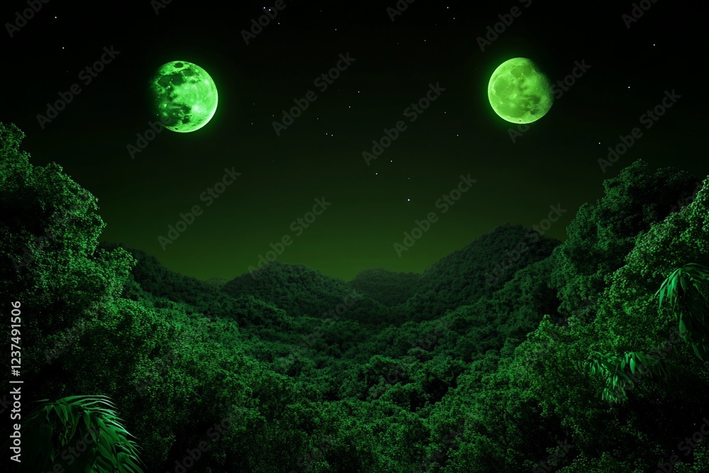 Fototapeta premium Two green moons over a lush, dark green forest.