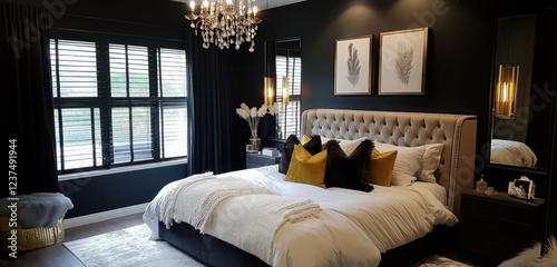 Modern luxe bedroom with rich dark walls plush bedding and refined decor