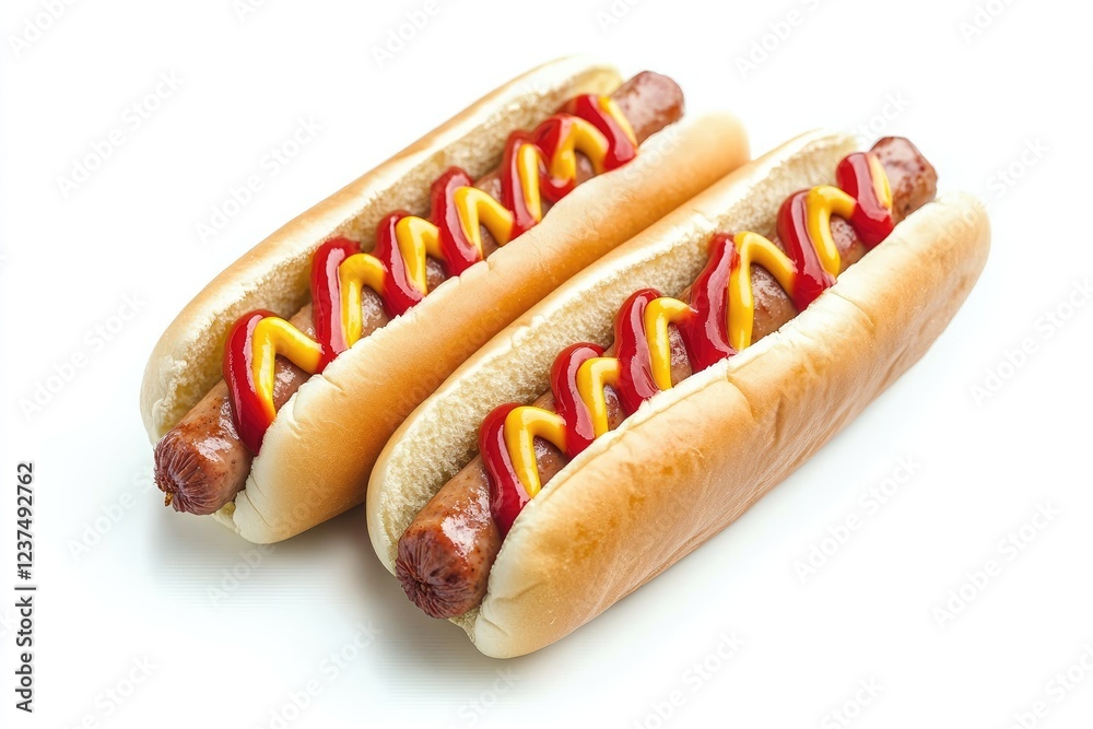 Two Hot Dogs Topped With Ketchup And Mustard Two Hot Dogs Topped With Ketchup And Mustard