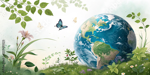 Beautiful nature-inspired artwork showcasing planet earth with surrounding plants and butterflies, representing ecological balance and green living