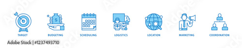 Event management icon set flow process which consists of target, budgeting, scheduling, logistics, location, marketing, and coordination icon live stroke and easy to edit .
