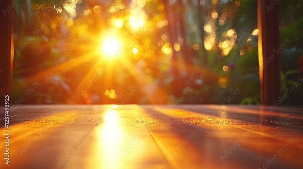 Golden Hour Serenity: Tropical Sunset on Wooden Deck Golden Hour Serenity: Tropical Sunset on Wooden Deck