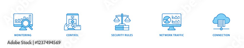 Firewall icon set flow process which consists of monitoring, control, security rules, network traffic and connection icon live stroke and easy to edit .
