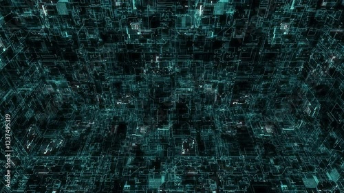 A high-tech, digital crafted abstract motion grid set in a cyber environment, highlighting big data visualization and AI simulations, ideal for use as a dynamic digital background in motion graphic.