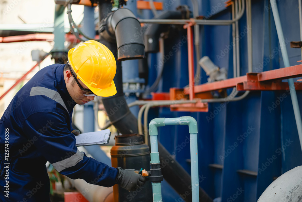 A plumbing inspector is hard at work inspecting the operation of an industrial water system. A plumbing inspector is hard at work inspecting the operation of an industrial water system.