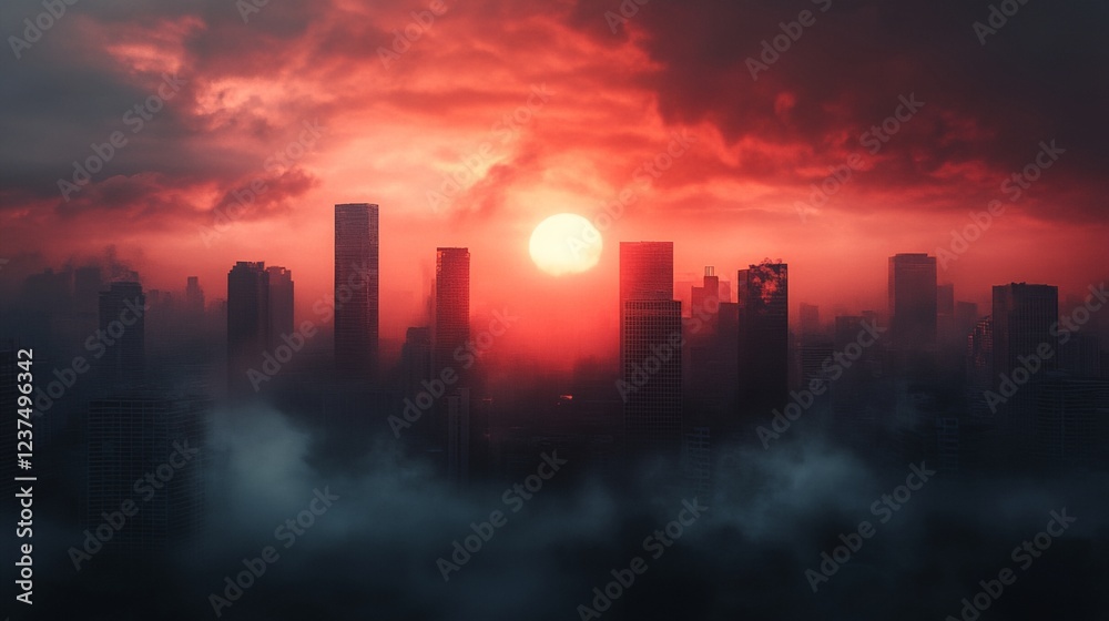 A city skyline with a large red sun in the sky A city skyline with a large red sun in the sky