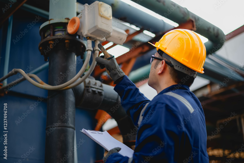 A plumbing inspector is inspecting the operation of a high-pressure water pump system in an industrial plant to ensure compliance with required standards.