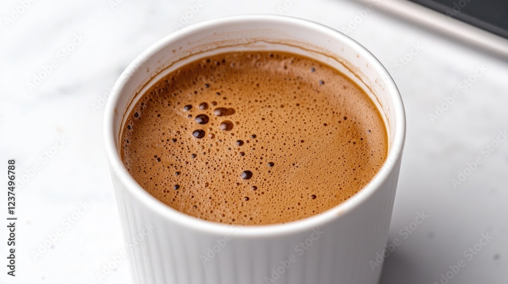 Close-up of frothy coffee in white mug on marble Close-up of frothy coffee in white mug on marble