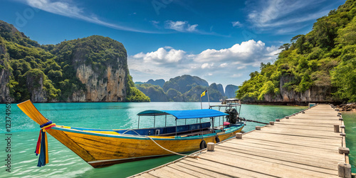 Exotic tropical paradise with a wooden pier extending into turquoise waters, featuring a traditional boat and breathtaking limestone cliffs