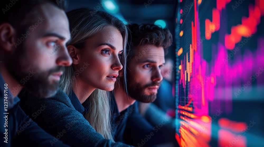 Obraz premium Focused Professionals Analyzing Data Trends on Screens