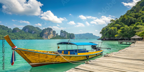 Idyllic coastal scene with a wooden dock and a colorful boat floating on crystal-clear waters, surrounded by lush tropical landscapes