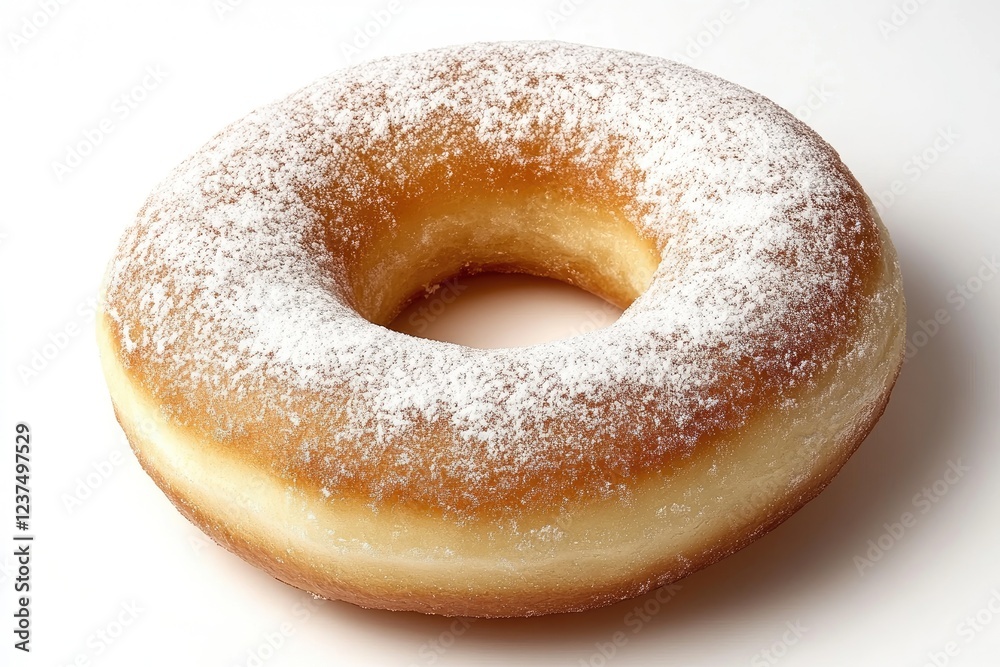 A single powdered donut sits on a white background A single powdered donut sits on a white background