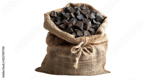 Burlap sack overflowing with coal chunks on transparent background photo