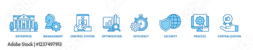 Industrial control system icon set flow process which consists of enterprise, management, control system, optimization, efficiency icon live stroke and easy to edit .