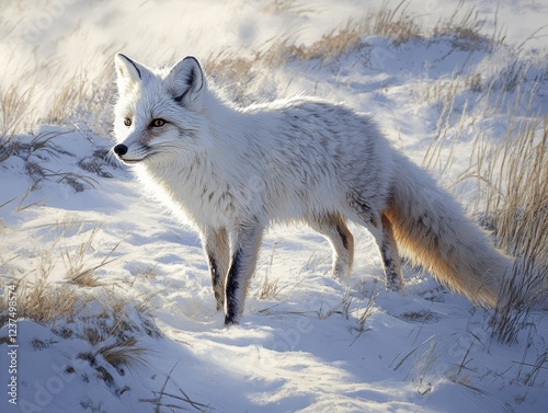 Silent Predator: Arctic Fox Stealthily Stalks Prey on Snowy Tundra Under the Northern Lights photo