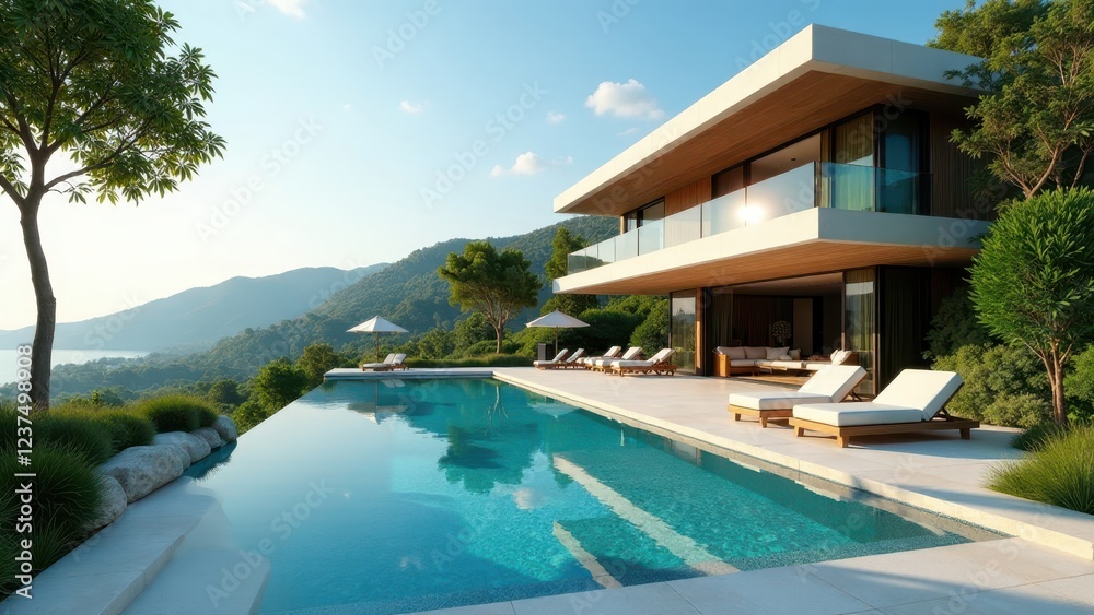 Fototapeta premium Modern hillside home with infinity pool and breathtaking panoramic views