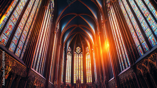 sunlight streaming through stained glass windows in a gothic cathedral