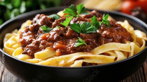 Rich Beef Ragu Over Fresh Pappardelle Pasta with Parsley Garnish