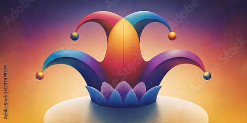 Artistic jester hat with bright colors on a gradient background for April Fool’s Day concept
