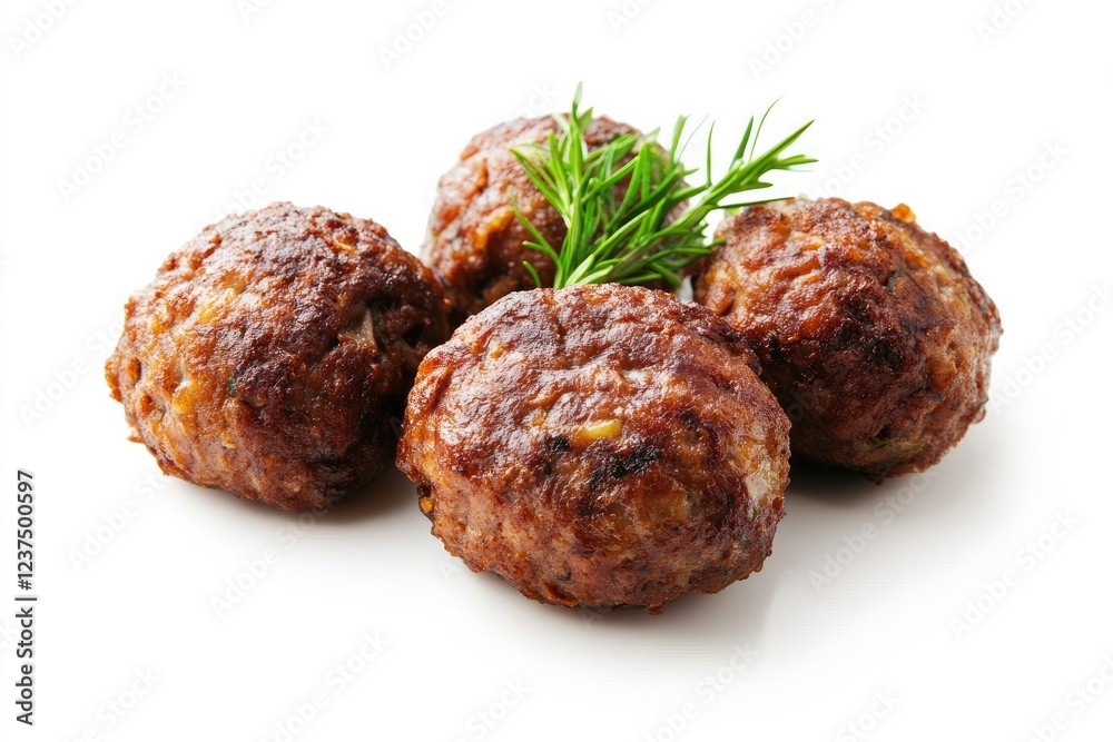 Four Brown Meatballs Garnished With Fresh Herbs Four Brown Meatballs Garnished With Fresh Herbs