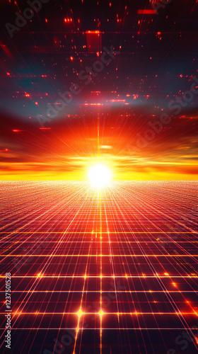 abstract red and yellow sunset glow grid  background with bright shining light