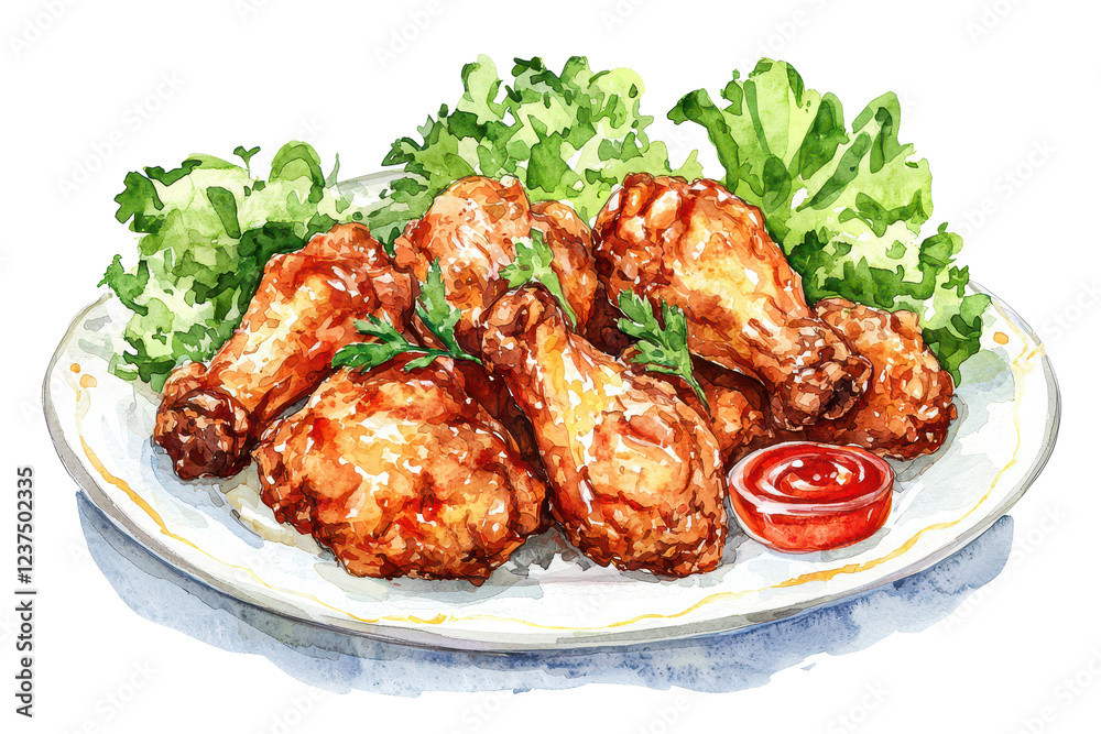 A plate of juicy fried chicken drumsticks garnished with fresh greens and accompanied by a small dish of dipping sauce. A plate of juicy fried chicken drumsticks garnished with fresh greens and accompanied by a small dish of dipping sauce.