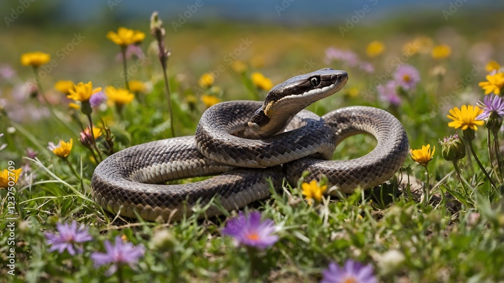 Elapid Snakes Mating Ritual with Courtship Dance Amidst Blooming Wildflowers Elapid Snakes Mating Ritual with Courtship Dance Amidst Blooming Wildflowers