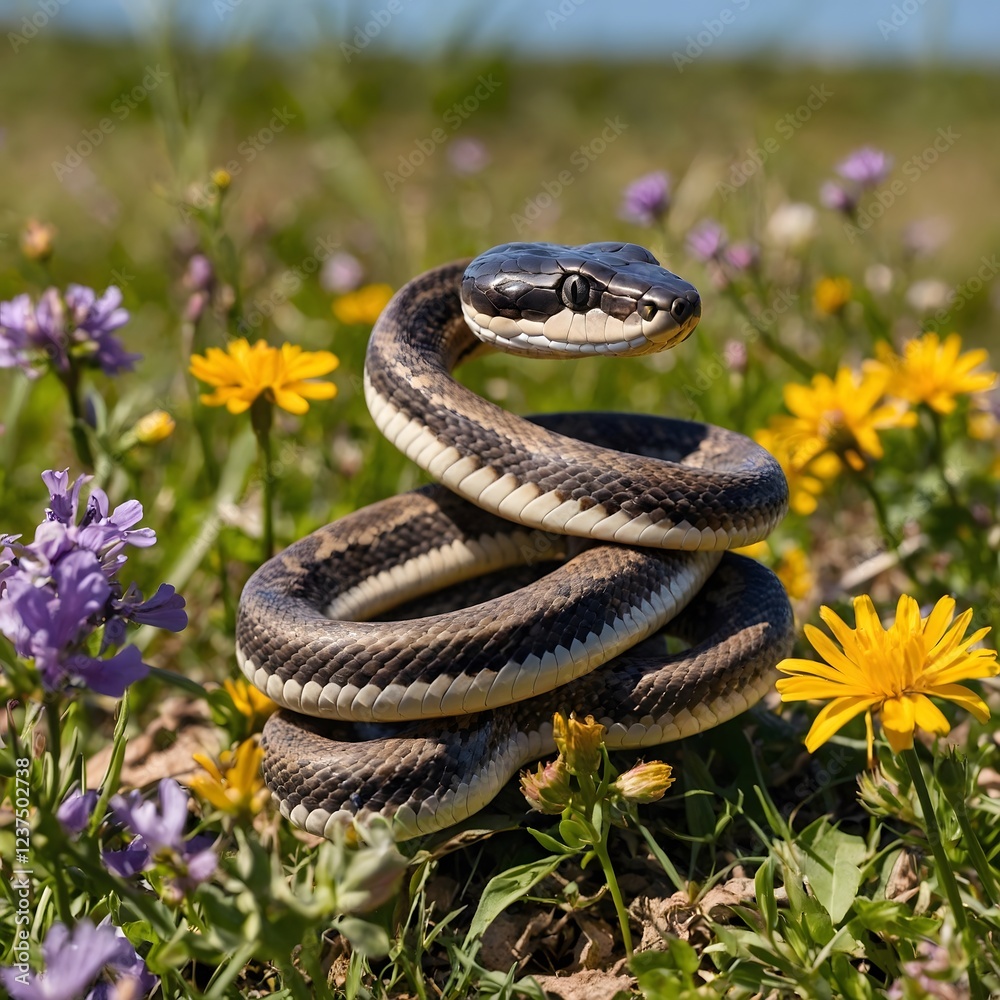 Obraz premium Courtship Dance of Elapid Snakes Amidst Blooming Wildflowers During Mating Ritual