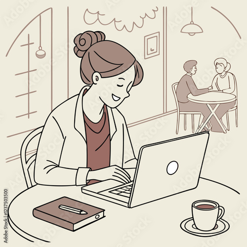 A woman sitting happily with a laptop at the table.