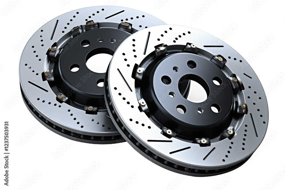 3D render of a car material with two brake rotors, isolated on transparent background 3D render of a car material with two brake rotors, isolated on transparent background