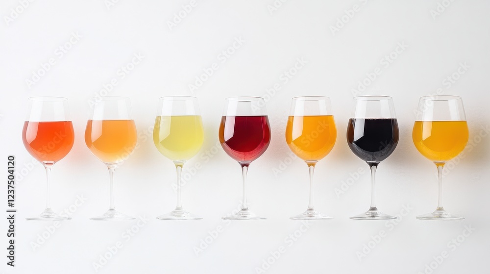 Colorful Array of Wine Glasses with Different Beverages on White Background Colorful Array of Wine Glasses with Different Beverages on White Background