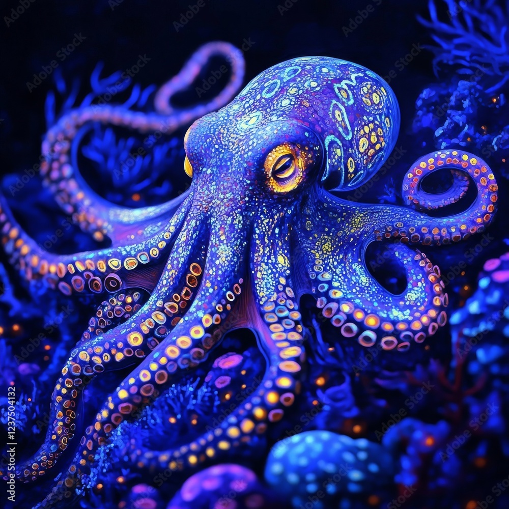 Obraz premium Enigmatic Deep-Sea Octopus Illuminated with Intricate Glowing Patterns Amidst the Abyssal Depths of the Ocean
