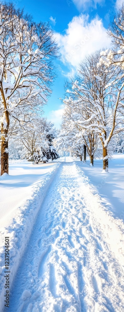 Fototapeta premium Winter wonderland scenic path snow-covered landscape nature photography serene environment peaceful viewpoint