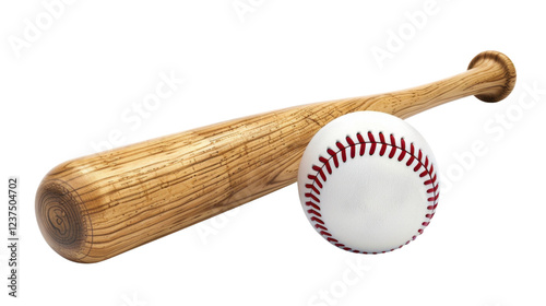 Wooden baseball bat leaning on a baseball with transparent background