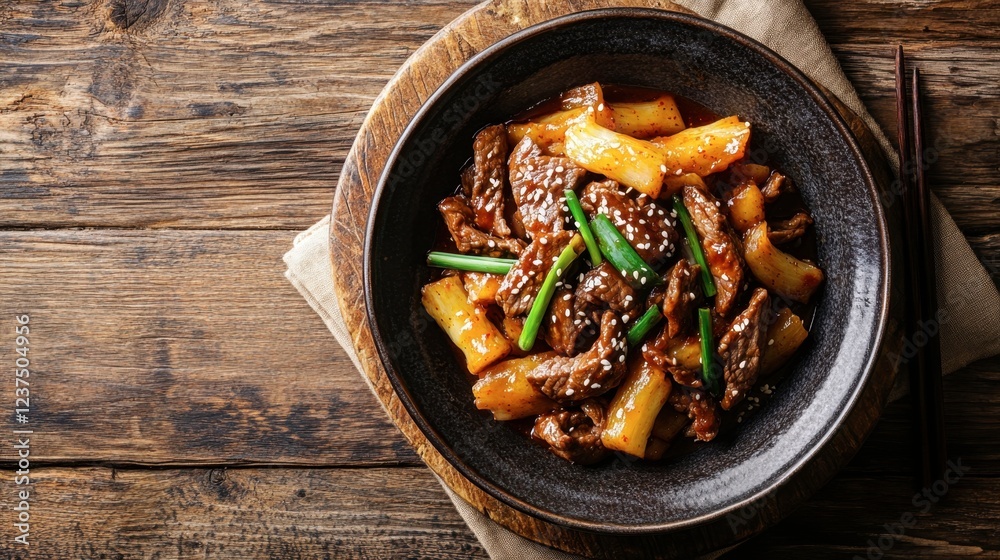 Tteokbokki with stir-fried beef, green onions, and sesame seeds, placed on a rustic wooden table with warm lighting Tteokbokki with stir-fried beef, green onions, and sesame seeds, placed on a rustic wooden table with warm lighting
