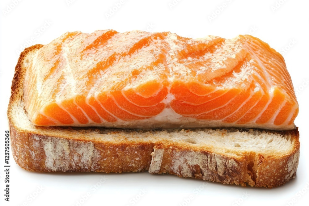 Salmon fillet atop toasted bread slice Salmon fillet atop toasted bread slice