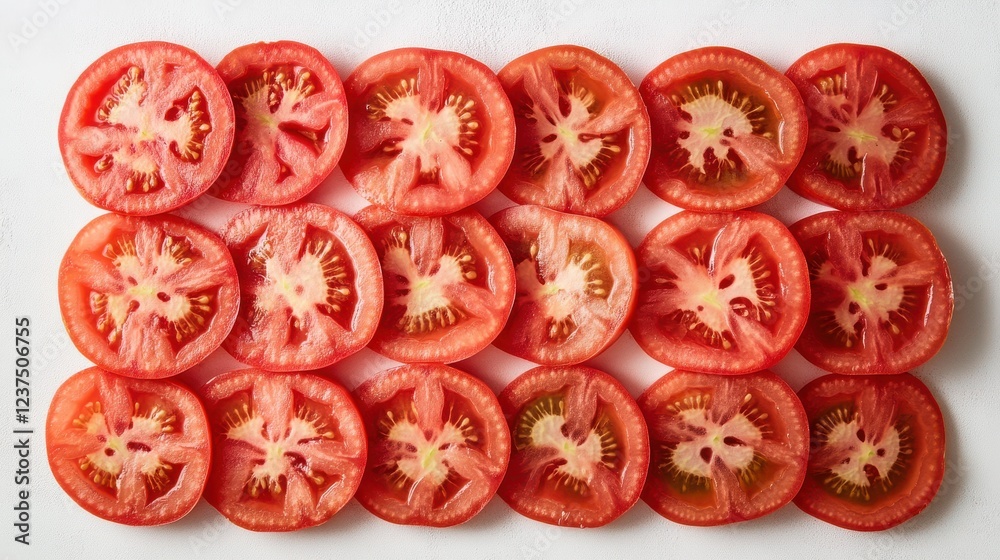 Freshly Sliced Red Tomatoes Arranged on a White Background Freshly Sliced Red Tomatoes Arranged on a White Background