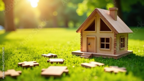 A miniature wooden house rests on vibrant green grass, surrounded by scattered puzzle pieces symbolizing the complex process of homeownership and the steps to building a dream home.