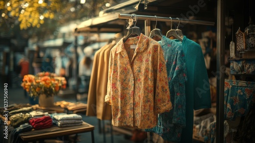Vintage Wonders at the Charming Flea Market - Nostalgic Finds, Retro Treasures, Antique Bargains, Seller's Stall, Vintage Items, Outdoor Market Scene, Old-fashioned Shopping Experience