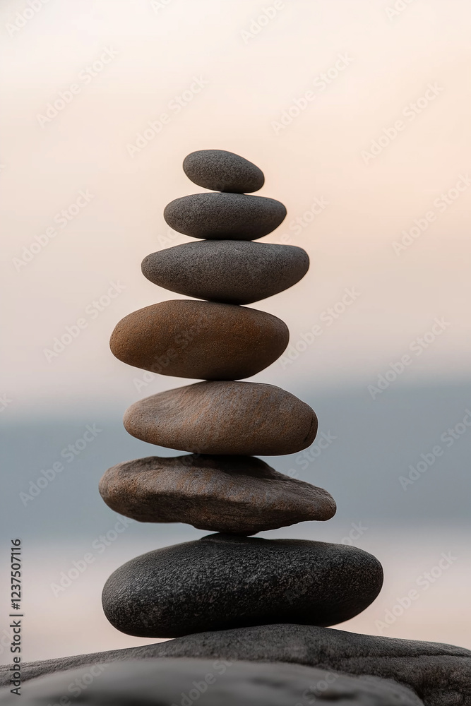 Stack of balancing pebbles symbolizing stability and harmony at sunset Stack of balancing pebbles symbolizing stability and harmony at sunset