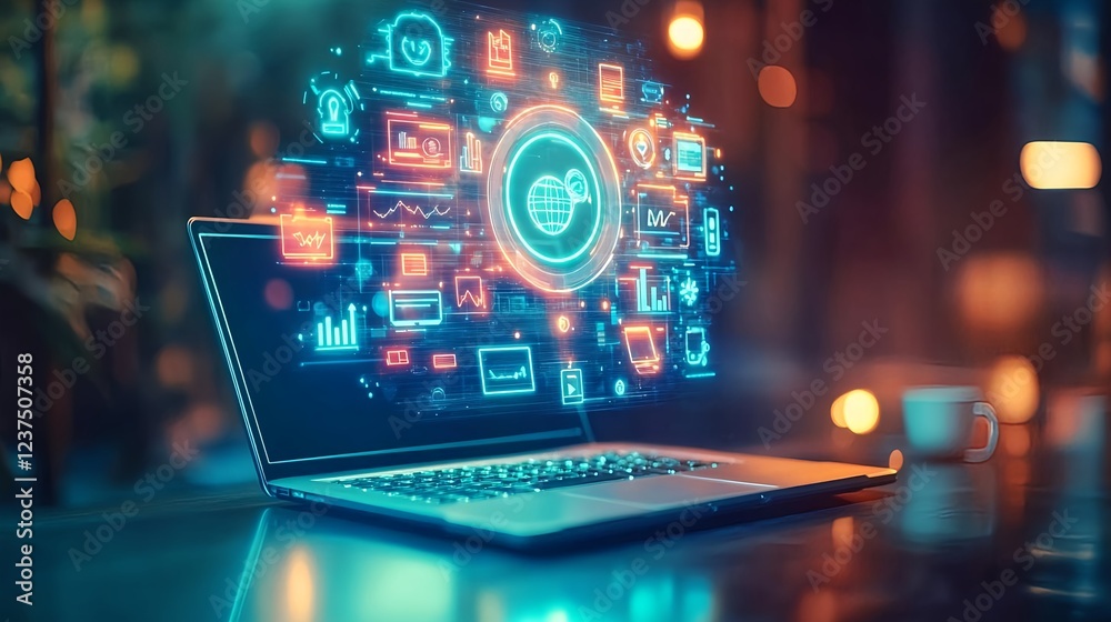 global network, digital business laptop - neon/glowing effects
