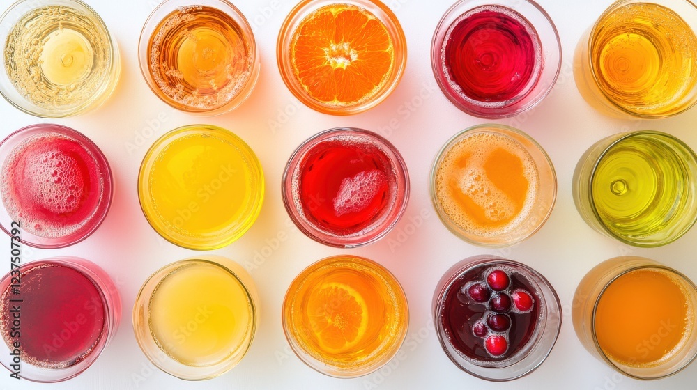 Colorful Display of Various Refreshing Drinks in Glass Containers Colorful Display of Various Refreshing Drinks in Glass Containers