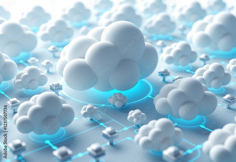 Abstract representation of cloud computing with interconnected clouds and a network of nodes, symbolizing data storage, connectivity, and digital infrastructure. Abstract representation of cloud computing with interconnected clouds and a network of nodes, symbolizing data storage, connectivity, and digital infrastructure.