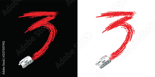 Hand drawn antiwar vector poster. Stop war. Tank drives along, leaving red trail behind it on black and white. Blood. 3 years of war between Russia and Ukraine. Special military operation. Peace