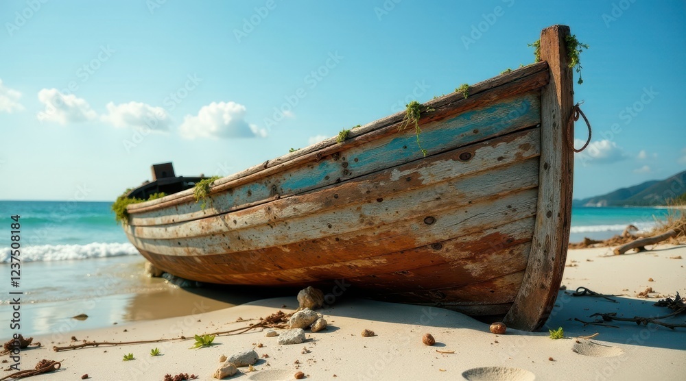 A weathered wooden boat rests on a pristine sandy beach, kissed by the sun and sea A weathered wooden boat rests on a pristine sandy beach, kissed by the sun and sea